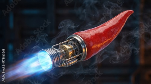 Surreal Red Hot Chili Pepper Jet Engine with Blue Flames