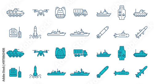 Military equipment used in warfare such as tanks, ships, submarines, network systems, runways, drones, and missiles.