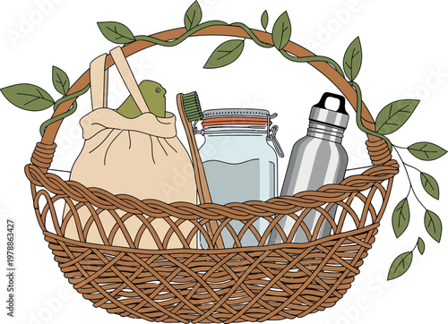 A rustic basket filled with homemade and preserved food items Vector