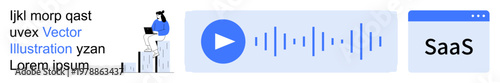 Business technology, software solutions, SaaS platforms, digital tools, productivity, audio interfaces. A person using a laptop, audio wave icon SaaS text. SaaS platforms and business technology