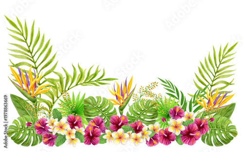 Tropical flowers and greenery arrangement. Hand drawn watercolor painting with Hibiscus flowers and palm leaves isolated on white background.