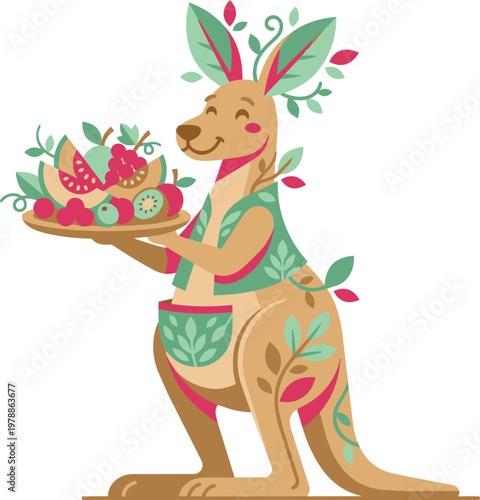 Kangaroo mascot displays vibrant fruit platter