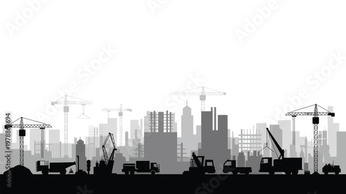 Silhouette of Industrial Port with Cranes and Ships at Dusk in Monochrome Illustration