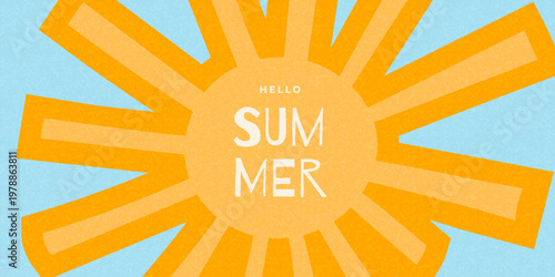 Hello summer banner with hand drawn sun illustration. Yellow sunshine doodle icon on blue background with greeting text. Seasonal heat symbol and vacation concept for web and social media.