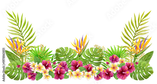 Tropical flowers and greenery arrangement. Hand drawn watercolor painting with Hibiscus flowers and palm leaves isolated on white background.