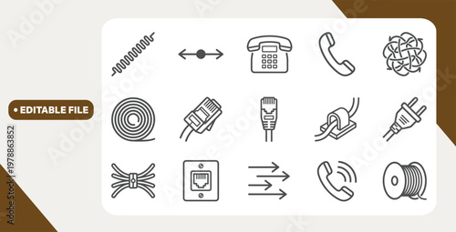 Icon set of communication cables and telephone equipment illustrations