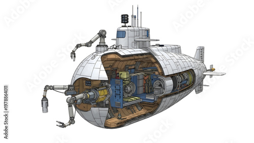 Deep Sea Exploration Submarine Blueprint CAD Technical Drawing with Spherical Pressure Hull Cutaway Robotic Sampling Arms and Sensor Array