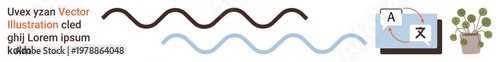 Language learning, global communication, translation services, online tools, multilingual education, digital resources. Curved lines with a laptop translation icon and a plant. Language learning