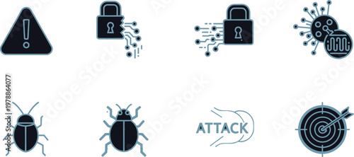 Cybersecurity icons locks bugs and network attack visualizations