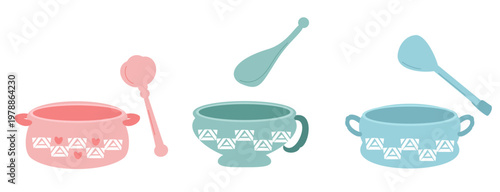 Cute kitchen pot cup and spoon set pastel cooking utensils minimal illustration design.