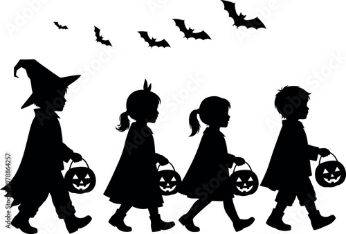 Halloween-themed silhouettes of children and a witch trick-or-treating together Vector
