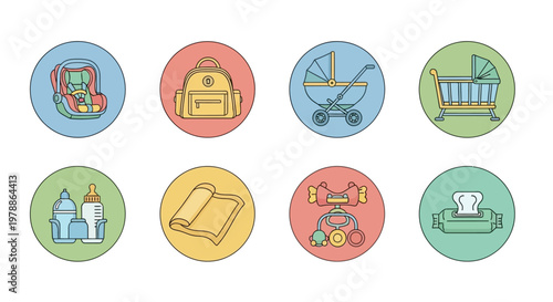 Colorful icons of baby nursery objects.