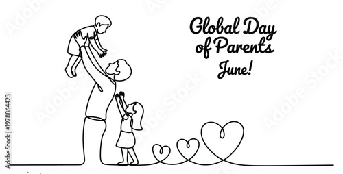 A single line art drawing celebrating the global day of parents during the month of june annually. Vector, illustration