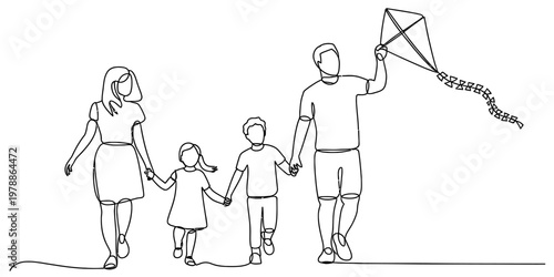 A beautiful continuous line drawing of a happy family walking together and flying a kite outside Vector, illustration