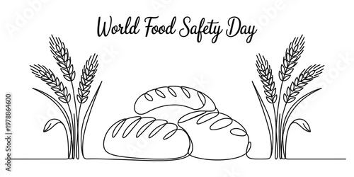 A continuous line drawing illustration celebrating world food safety day with bread and wheat. Vector, illustration