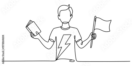 Continuous line drawing of a young person holding a book in one hand and a small flag in another Vector, illustration