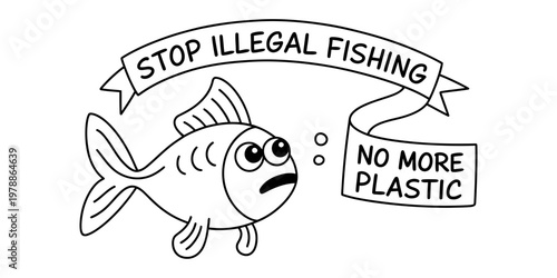 A black and white line drawing of a sad fish advocating for the end of illegal fishing practices Vector, illustration