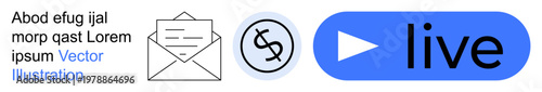 Digital communication, finance, livestreaming, business, online services, marketing. Envelopes, dollar sign and play button icons. Digital communication and finance in online platforms concept