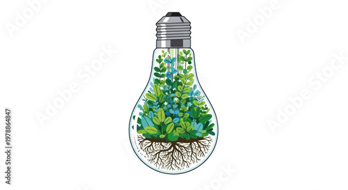 Eco friendly light bulb with green leaves and roots inside symbolizing sustainable energy and environmental conservation concept
