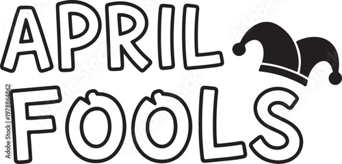 April fools text with a black jester hat on a white background