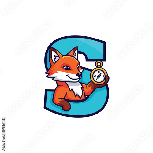 Fox Mascot Logo with Compass and Letter S for Adventure and Navigation Brand Identity