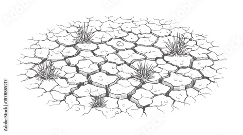 Cracked dry earth with sparse desert plants in style ground soil