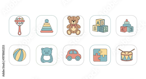 Colorful toy icons for children.