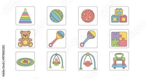 Colorful baby toys and objects.