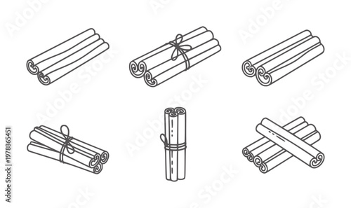 Six line of cinnamon sticks in various arrangements spice ingredient food