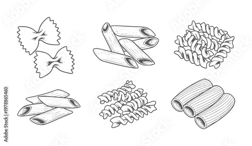 Six different types of pasta in a hand drawn line style food black