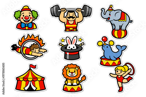 Colorful circus stickers featuring clown, strongman, elephant, and more.