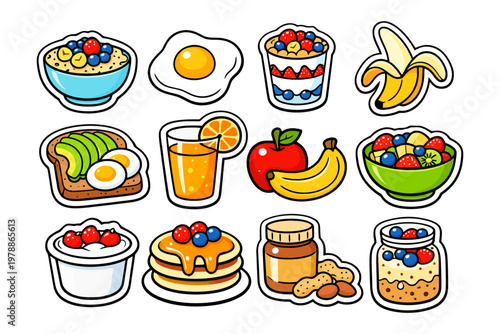 Colorful breakfast icons featuring fruit, eggs, pancakes, and oatmeal.