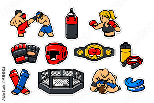 Mixed martial arts stickers: fighters, gear, and cage for ultimate combat enthusiasts.