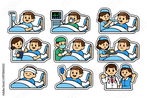 Cartoon hospital stay depicting medical care for young male patients.