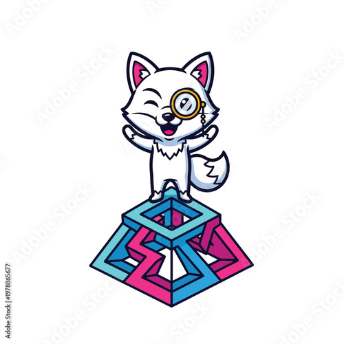 Cute Cartoon White Fox Mascot with Monocle Standing on an Impossible Geometric Shape
