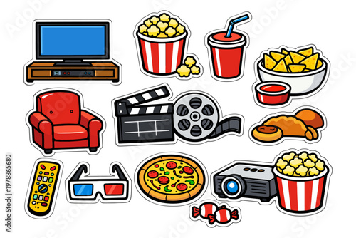Home movie night icons: popcorn, pizza, projector, snacks, drinks, remote, 3d glasses.