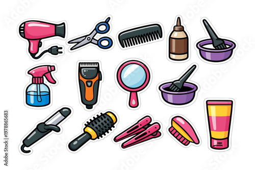 Cartoon hair styling tools collection with brushes, scissors, and comb.