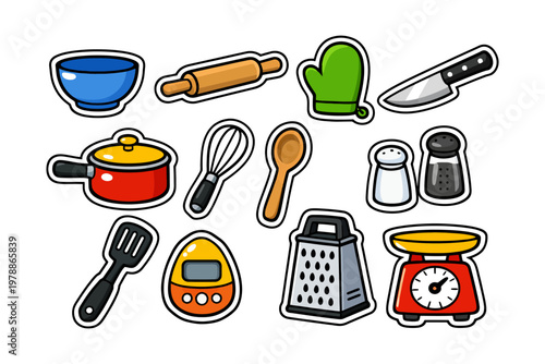 Colorful kitchen utensils set with bowl, knife, and cooking tools.