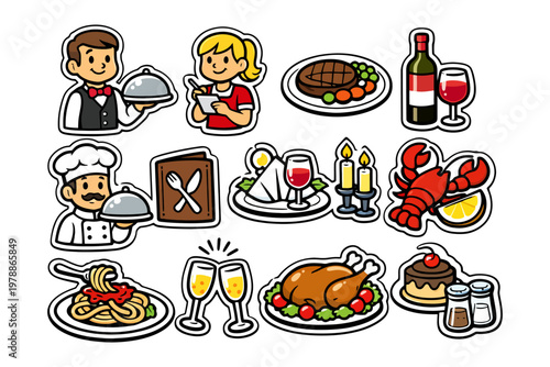 Cartoon culinary set with caucasian chef waiter and waitress serving various foods.