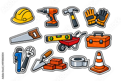 Construction tools stickers set with helmet drill hammer gloves and more.