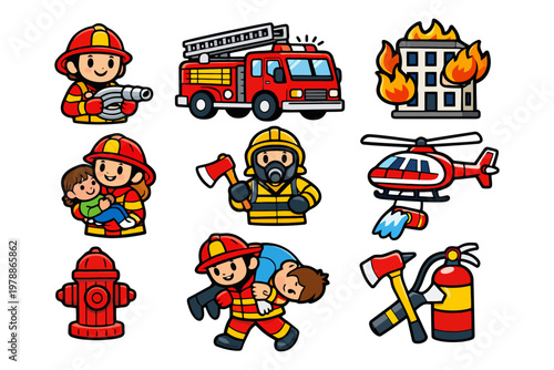 Cartoon firefighters and equipment set with fire truck and helicopter.