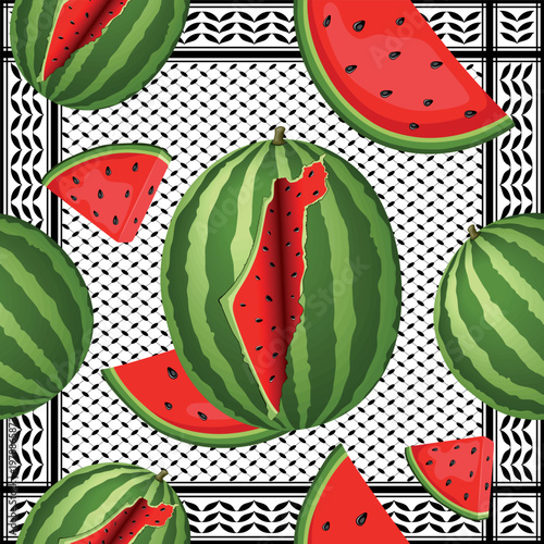 Palestine Map Watermelon Slice Summer Fresh Fruit on Keffiyeh Vector Seamless Repeat Textile Pattern EPS
