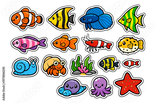 Colorful cartoon sea creatures collection: fish, crustaceans, and coral.