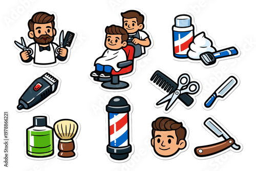 Cartoon barber shop elements with male hairdresser and client.