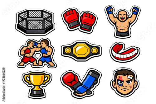 Cartoon mma stickers: fighters, gear, and trophy illustrations.
