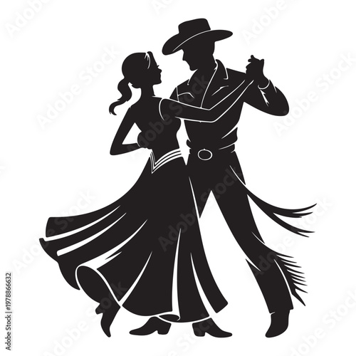 Konstfotografi Western Dance Couple Silhouette – Cowboy and Cowgirl Dancing Vector Illustration