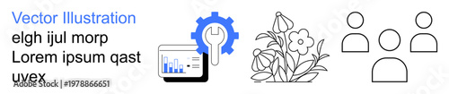 Business analytics, technical services, teamwork, natural science, group connections, productivity. Icons of graph, gear with wrench flowers and human figures. Data analysis and technical services