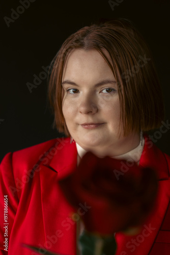 Studio portrait of a young confident woman with short hair wearing a red blazer. She looks at the camera with a slight smile, holding a blurry rose in the foreground. Dark background, soft lighting