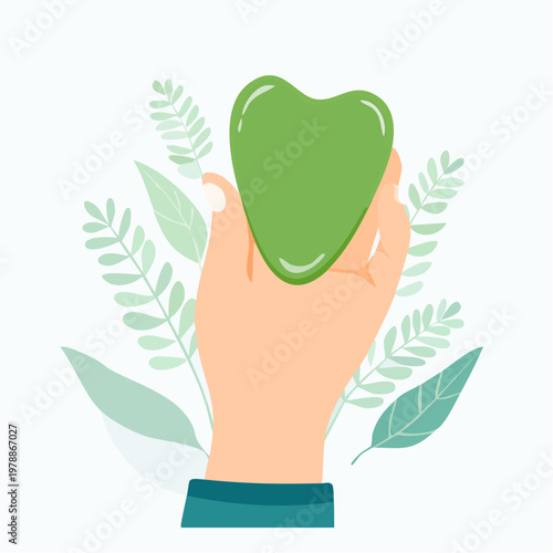 Hand holding a green jade Gua Sha tool for facial massage, surrounded by subtle plant illustrations, promoting wellness and self-care