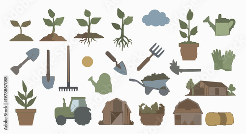 Flat Garden Illustration Set with Tools, Plants, and Nature Elements for Design Projects
